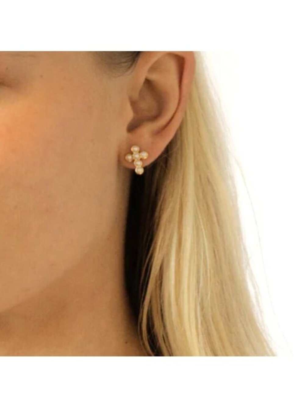Mini Gold Pearl Cross Stud Earrings  Timeless & Tarnish Resistant Pretty Studs - Picture 6 of 9